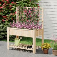 Houten Verhoogd Bed met Trellis & Opbergruimte Bloemenbed met Afvoergaten Tuinbed Plantenbak Natuurlijk