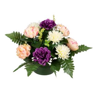 Kunstbloemen boeket crysanten in pot - zalm/paars/creme - D30 x H24 cm - Bloemstuk - Bladgroen   -