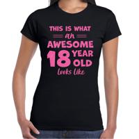 Verkleed T-shirt voor dames - leeftijd 18 jaar - awesome - zwart - glitter roze - Verjaardagsfeest