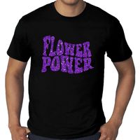 Grote Maten Flower Power t-shirt zwart met paarse letters heren - thumbnail