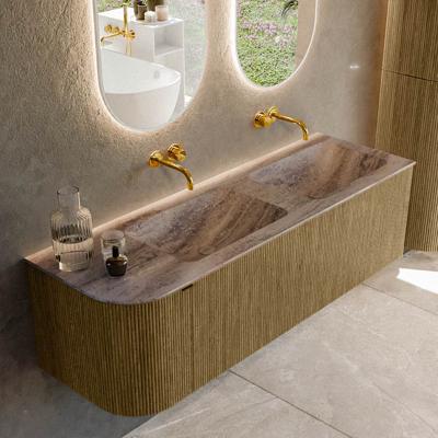 Badmeubel Mondiaz Kurve-Dlux | 145 cm | Meubelkleur Dusk | Wastafelkleur Oza | Solid surface | Dubbel / Rechts spoelbak | Zonder kraangat(en)