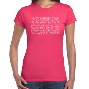 Glitter Super Mama t-shirt roze Moederdag cadeau rhinestones steentjes voor dames