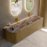 Badmeubel Mondiaz Kurve-Dlux | 155 cm | Meubelkleur Dusk | Wastafelkleur Sombra | Solid surface | Dubbel / Rechts spoelbak | 2 kraangaten