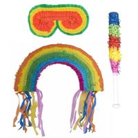 Verjaardag Pinata Regenboog van 56 cm set met stok en masker