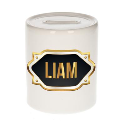 Spaarpot met voornaam Liam - wit - goud/zwart embleem - 8 x 9 cm - keramiek - afsluitdop Spaarpot met voornaam Liam - wit - goud/zwart embleem - 8 x 9 cm - keramiek - afsluitdop