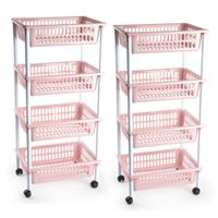 2x stuks opberger/organiser trolley/roltafel met 4 manden 85 cm oud roze - thumbnail