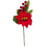 Kerststukje stekertje met hulst/bessen/dennentak/kerstster groen/rood 26 cm - thumbnail