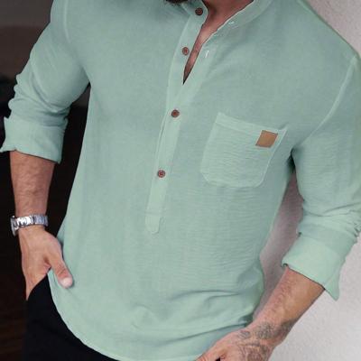 Bon&Bon Men's White Long Sleeve Button Up Shirt | Loose Fit Stand Collar Green / XXL