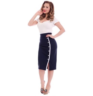 Sarina Button Slit Skirt, Navy-XXXL | 15% korting