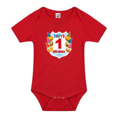 Happy birthday 1e verjaardag romper 1 jaar met emoticons rood voor babys