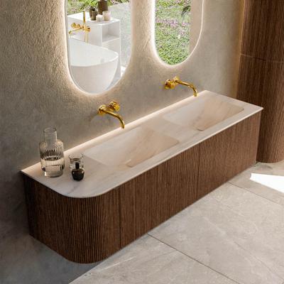 Badmeubel Mondiaz Kurve-Dlux | 155 cm | Meubelkleur Walnut | Wastafelkleur Meli | Solid surface | Dubbel / Rechts spoelbak | Zonder kraangat(en)