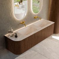 Badmeubel Mondiaz Kurve-Dlux | 155 cm | Meubelkleur Walnut | Wastafelkleur Meli | Solid surface | Dubbel / Rechts spoelbak | Zonder kraangat(en)