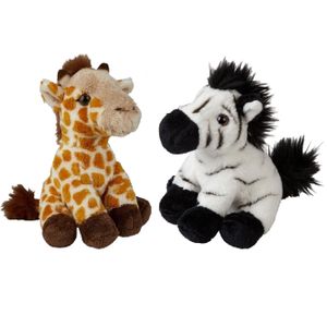 Safari dieren serie pluche knuffels 2x stuks - Zebra en Giraffe van 15 cm