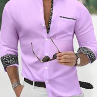 Bon&Bon Men's Yellow Long Sleeve Casual Button-Up Floral Shirt Purple / L