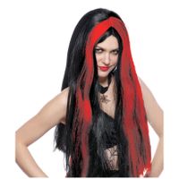 Funny Fashion Heksenpruik lang haar - zwart/rood - dames - Halloween   -