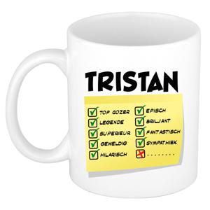 Naam mok Tristan - wit - top gozer - keramiek - 300 ml - cadeau collega beker