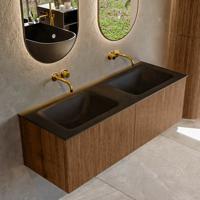 Mondiaz KURVE 130 cm Onderkast Greeploos 2 Lades Zonder Deuren Walnut, Wastafel Solid Surface Dubbel Urban 0 Kraangaten Zonder Spiegel (KRVCLO1302L0D0KD-Wal/Urb)
