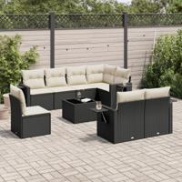 9-delige Loungeset met kussens poly rattan zwart
