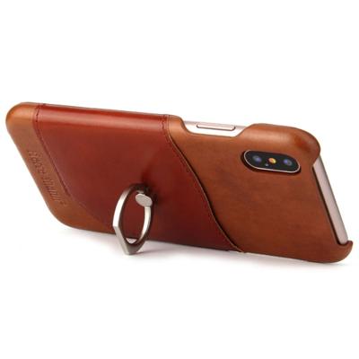 Fierre Shann voor iPhone X kleur Matching echte lederen terug dekken hoes met 360 graden rotatie houder & Card Slot(Brown)