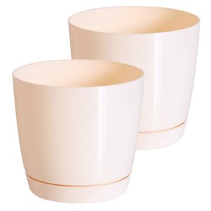 Set van 2x stuks plantenpotten/bloempotten kunststof glanzend creme/beige dia 18 x hoogte 16.5 cm