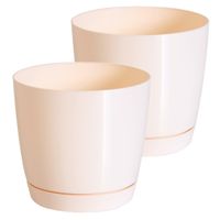 Set van 2x stuks plantenpotten/bloempotten kunststof glanzend creme/beige dia 18 x hoogte 16.5 cm