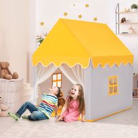 Kinder Speelhuis Stevige Speeltent Groot Speelhuis met Stevig Houten Frame & Katoenen Mat Echt Huis Binnen Sprookjestent met Deur Geel - thumbnail