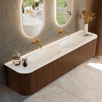 Badmeubel Mondiaz Kurve-Dlux | 200 cm | Meubelkleur Walnut | Wastafelkleur Ostra | Solid surface | Dubbele spoelbak | Zonder kraangat(en)
