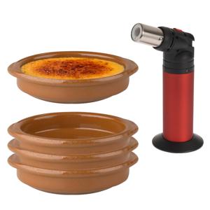 13-Delige creme brulee set met bruine schaaltjes en een rode brander