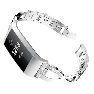 X-vormige diamant-bezaaid metalen stalen polsband horloge band voor Fitbit charge 3 (zilver)
