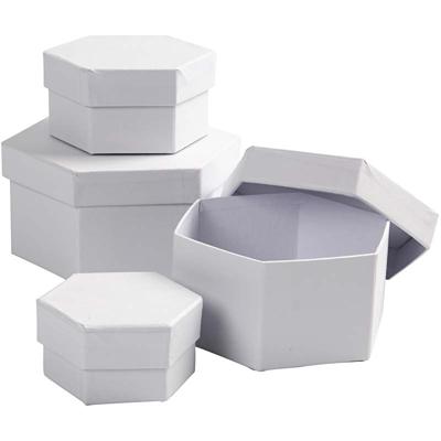 Creativ Company Hexagonale dozen, h: 4+5+6+7 cm, d 6,5+8+10+12 cm, wit, 4 stuk/ 1 set
