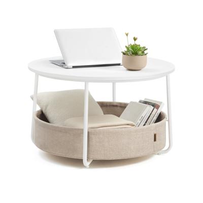 Salontafel met stoffen mand voor extra opbergruimte, Mat wit + kameelbruin