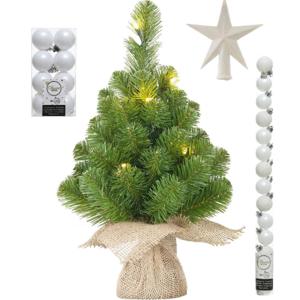 Kunst kerstboom - H60 cm - met verlichting en versiering - wit 31-delig