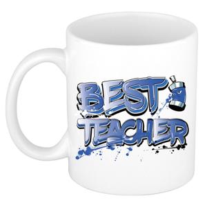 Cadeau koffie/thee mok voor Meester/juf - blauw - graffiti letters - de beste - 300 ml