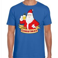 Kerst shirt merry christmas Santa bier / proost blauw heren