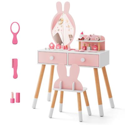 2 in 1 Kinder Make-uptafel & Stoel-set met Spiegel & 2 Laden & Opbergrek Roze