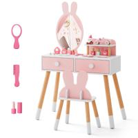 2 in 1 Kinder Make-uptafel & Stoel-set met Spiegel & 2 Laden & Opbergrek Roze 2 in 1 Kinder Make-uptafel & Stoel-set met Spiegel & 2 Laden & Opbergrek Roze