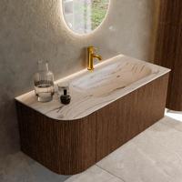Badmeubel Mondiaz Kurve-Dlux | 105 cm | Meubelkleur Walnut | Wastafelkleur Nata | Solid surface | Wasbak rechter zijde spoelbak | 1 kraangat