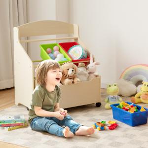 Speelgoedrek met Oprolbaar Vak 3 Kleine Opbergdozen en Legplank Speelgoedkast Kinderrek Speelgoedorganizer Natuur