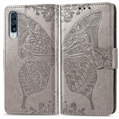 Butterfly Love bloemen reliëf horizontale Flip lederen case voor Galaxy A70 met houder & kaartsleuven & portemonnee & Lanyard (grijs)