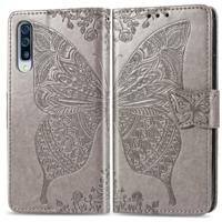 Butterfly Love bloemen reliëf horizontale Flip lederen case voor Galaxy A70 met houder & kaartsleuven & portemonnee & Lanyard (grijs)