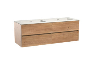 Storke Edge zwevend badmeubel 150 x 52 cm ruw eiken met Mata dubbele wastafel in mat witte solid surface