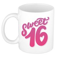 Sweet 16 roze verjaardag cadeau mok / beker wit 16 jaar - feest mokken - thumbnail