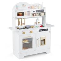 Kinderkeuken Houten Speelkeuken met Opbergruimte en 17 Accessoires Houten Keuken voor Kinderen vanaf 3 Jaar-Wit