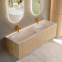 Badmeubel Mondiaz Kurve-Dlux | 150 cm | Meubelkleur Oak | Wastafelkleur Meli | Solid surface | Wasbak beide zijden spoelbak | 2 kraangaten