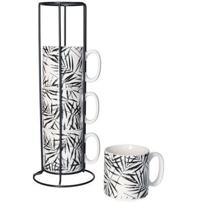 Koffiemokken Botanic - 4x stuks in rekje - Keramiek - zwart - 240 ml - 7 x 8 cm