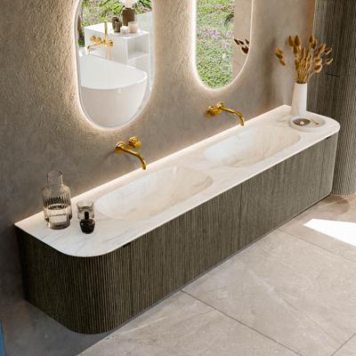 Badmeubel Mondiaz Kurve-Dlux | 200 cm cm | Meubelkleur Shadow | Wastafelkleur Ostra | Solid surface | Wasbak beiden zijden spoelbak | Zonder kraangat(en)