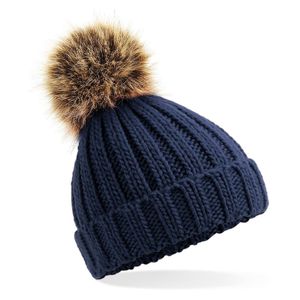 Gebreide wintermuts navy grof/chunky met pompon voor meisjes