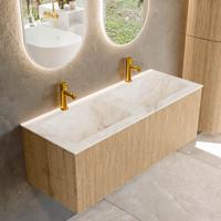 Badmeubel Mondiaz Kurve-Dlux | 120 cm | Meubelkleur Oak | Wastafelkleur Frappe | Solid surface | Dubbele spoelbak | 2 kraangaten