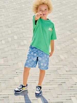 Denim jongensbermuda, gemakkelijk aan te trekken blauw, bedrukt