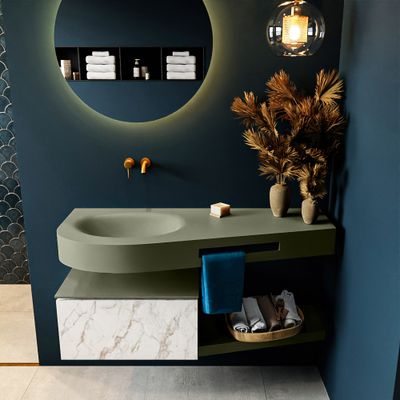 MONDIAZ RIVA 120cm badmeubel onderkast / planchet kleur carrara met 1 lade. Wastafel DULCET links 0 kraangaten kleur Army. MONDIAZ RIVA 120cm badmeubel onderkast / planchet kleur carrara met 1 lade. Wastafel DULCET links 0 kraangaten kleur Army.